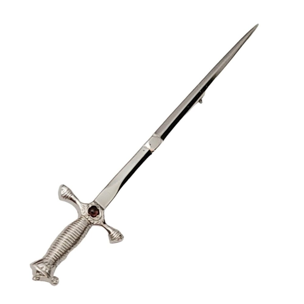 Sterling Silver Vintage Red Cab Stone Sword Pin Brooch